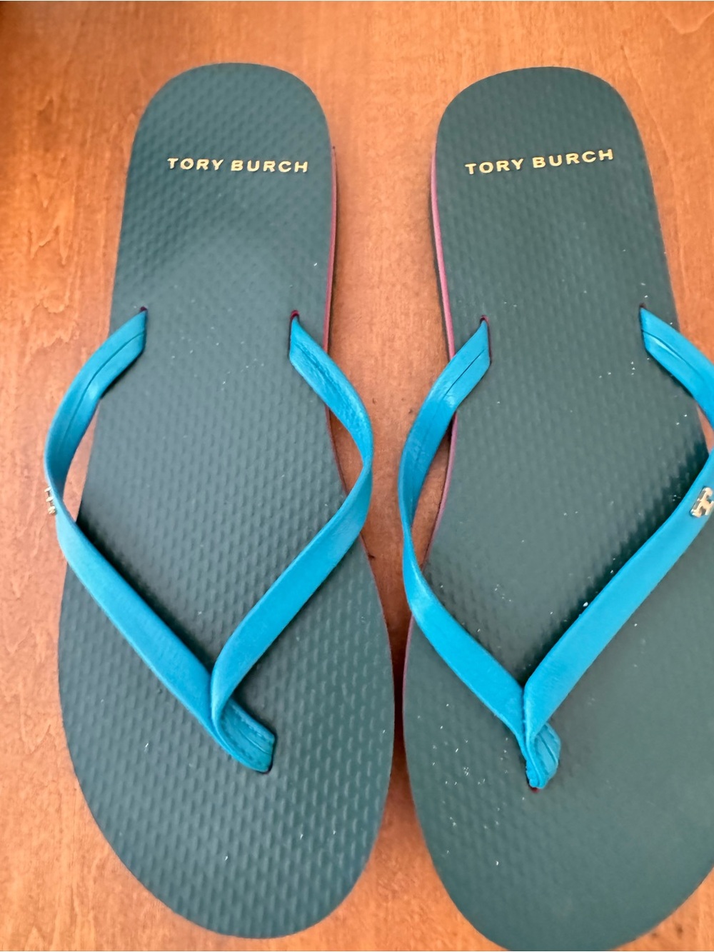 Tory Burch Teal Strap Black Footbed Flip Flop Sandals